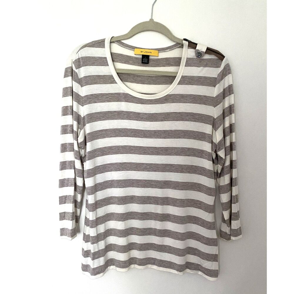 St John Striped 3/4 Sleeve Zipper Detail Scoop Neck T Shirt Top Soft Stretchy L